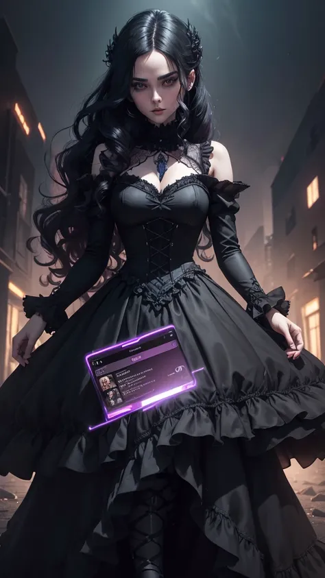 A creative digital illustration of Gothic Vampire Woman emerging from a smartphone screen. With a spectacular dress and black shoes, her hair is very well combed wavy. The background shows a digital representation of a smartphone, with various app icons an...