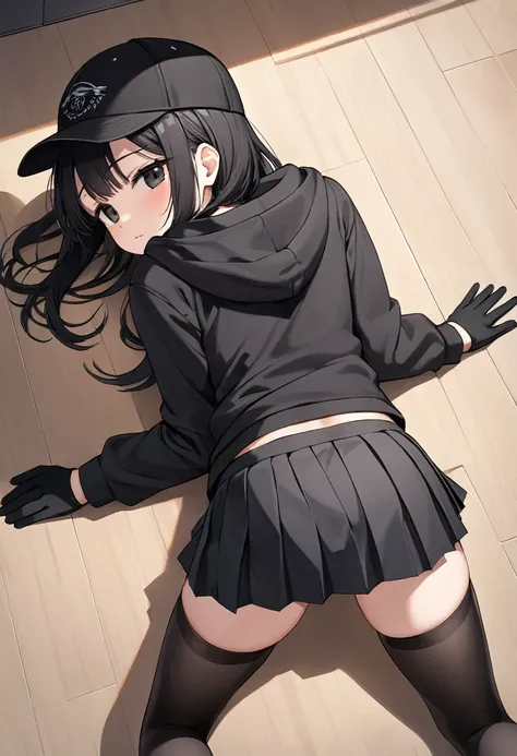 Black miniskirt , Black sneakers , Black hoodie , pleated skirt , whole body , thighs , black hair , black eyes , straight hair , black ball cap , long sleeves , stockings , View from above , Black gloves , Lie forward, lie forward, show your back, chest t...