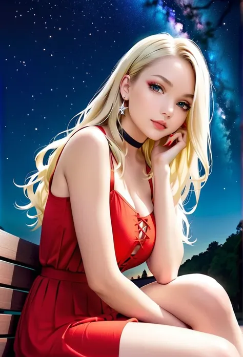 1 girl, fair_skin, blue_eyes, white long hair, wearing a red summer dress, night with stars on the sky, looking at viewer, lower angle, wearing a black choker around her neck, wearing diamond earrings, soft skin, beautiful eyelashes, realistic background, ...