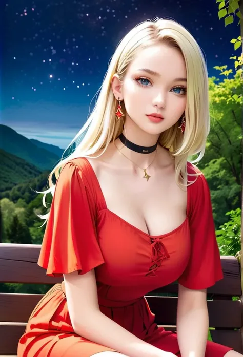 1 girl, fair_skin, blue_eyes, white long hair, wearing a red summer dress, night with stars on the sky, looking at viewer, lower angle, wearing a black choker around her neck, wearing diamond earrings, soft skin, beautiful eyelashes, realistic background, ...