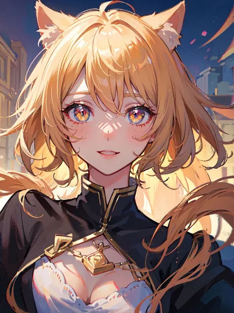 hair over shoulder, wavy hair, hair strand, shiny hair, blonde hair, eye reflection, glowing eyes, slit pupils, amber eyes, cat ears, smile, blush, glint, happy, anime, anime style, En plein air, high detail, cinematic lighting, ray tracing, reflection lig...