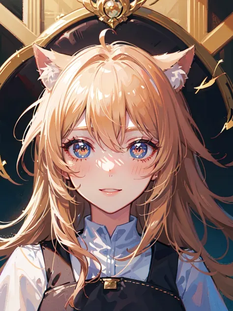 hair over shoulder, wavy hair, hair strand, shiny hair, blonde hair, eye reflection, glowing eyes, slit pupils, amber eyes, cat ears, smile, blush, glint, happy, anime, anime style, En plein air, high detail, cinematic lighting, ray tracing, reflection lig...