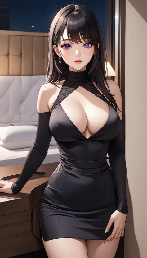 masterpiece, high resolution, beautiful woman, Korean Beauty, 30 years old, black sleeve less turtle neck, mini pencil skirt, beautiful woman, night hotel, looking at me, (high resolution face), (high resolution eyes), black hair, big tits, purple eyes