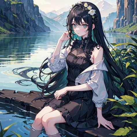 Best quality at best，Masterpiece a girl，Black clothes，contempt eyes，Fallen Angel，lake water，darkly，Smoky eyes，gloomily，Green flower hair accessories，Black hair