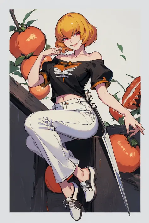 ((Highest quality)), ((masterpiece)), (be familiar with),Clementine,Overload,nsfw,Black and white t-shirt,No sleeve,Green Embroidery,White shoes,Fascinating,Black pants,Bewitching Smile,whole body