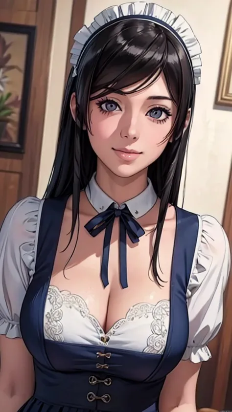 (Highest quality,4K,8K,High resolution,masterpiece:1.2),Super detailed,(Realistic,photoRealistic,photo-Realistic:1.37),Beautiful and detailed portrait of a woman, Fuller lips, Long eyelashes, Maid clothesを着て, A kind smile, Highly detailed face, Maid clothe...