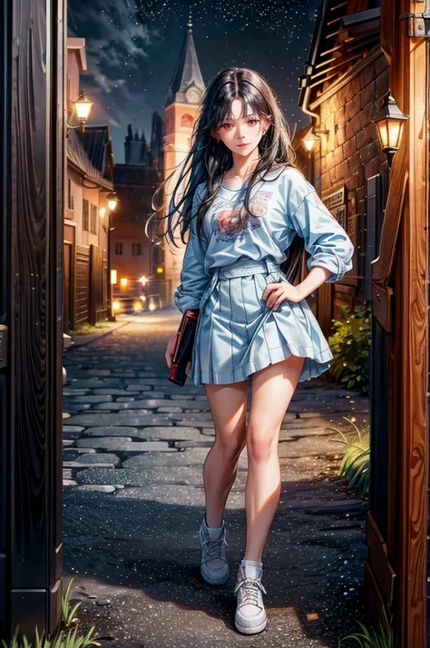 a rural village, young girl walking down a street, high school students in the background, girl with black hair and long hair, red eyes, smart and cool expression, lively atmosphere, best quality, 4k, 8k, highres, masterpiece:1.2, ultra-detailed, realistic...