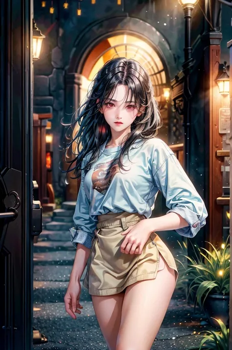 a rural village, young girl walking down a street, high school students in the background, girl with black hair and long hair, red eyes, smart and cool expression, lively atmosphere, best quality, 4k, 8k, highres, masterpiece:1.2, ultra-detailed, realistic...