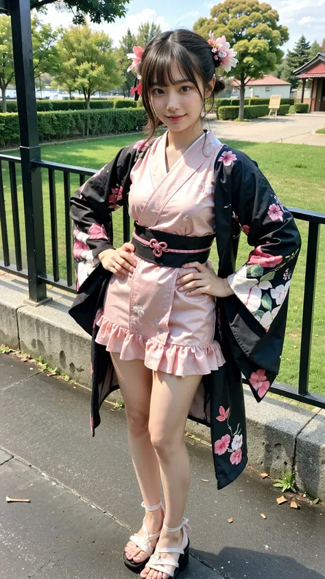 (8K、RAW Photos、Highest quality、masterpiece:1.2)、(Highest quality、Realistic)、1 Girl、((ribbon、Pink and black、smile、Long-sleeved kimono、See-through、Frills、帯にribbon、Medium Hair、Breast enlargement、Short kimono、Floral、mini skirt、Thin legs、whole body、Sandals、gard...