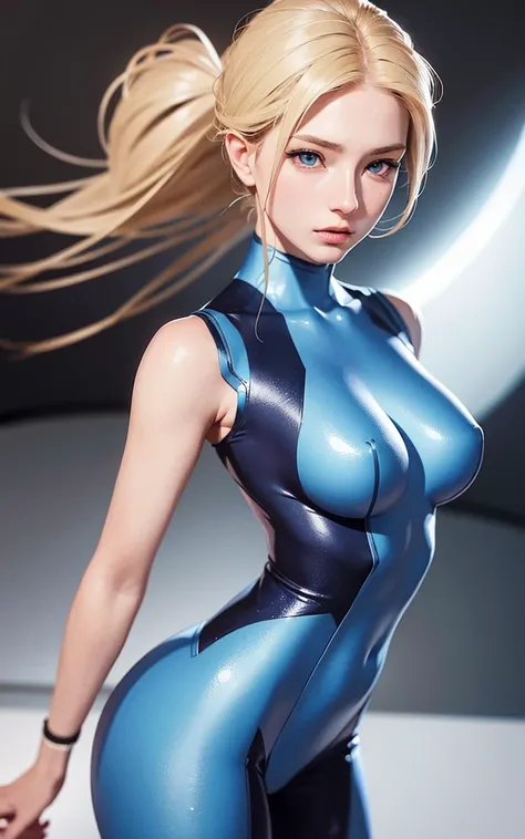 portrait, realistic, elegant woman, zero suit, blue eyes, blonde hair, 4k resolution, Hyper Realistic