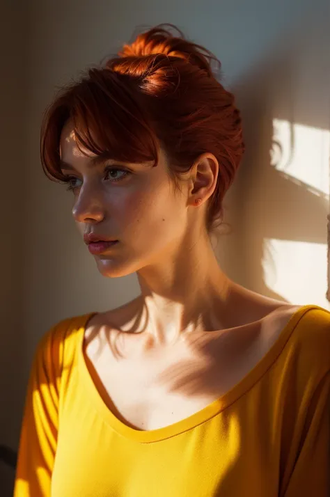 Instagram Photos, French woman, 21 years old, square hair cut,Redhead, Yellow Shirt, Neckline, pale, Sharp Shadow