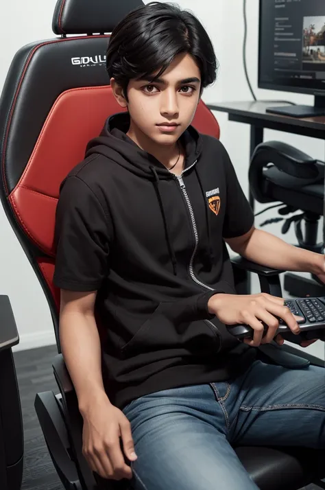 Brown boy with straight black hair playing on his cell phone on a gaming chair 