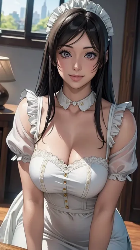 (Highest quality,4K,8K,High resolution,masterpiece:1.2),Super detailed,(Realistic,photoRealistic,photo-Realistic:1.37),Beautiful detailed portrait of an adult woman, Fuller lips, Long eyelashes, Maid clothesを着て, A kind smile, Highly detailed face, Maid clo...