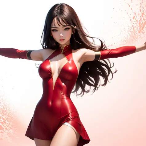 a close up of a woman in a red costume BREAK abstract background,BREAK TPose, outstretched arms.