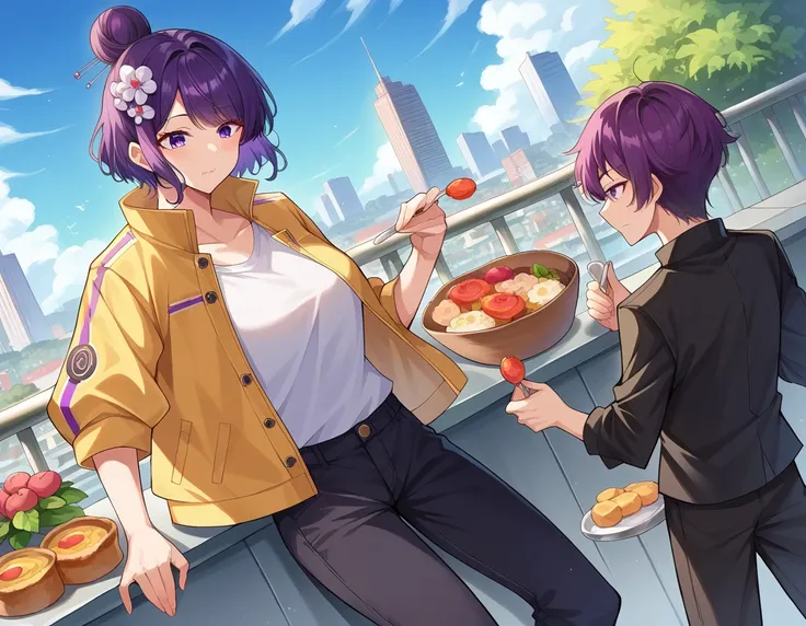 score_9, score_8_superior, score_7_superior, sauce_anime,
katsushikaHokusai, Hokusai, bangs, Purple eyes, Purple Hair, Mature Woman,
short hair, hair ornaments, flower, hair flower, Food, Hair Bun, single Hair Bun, Long sleeve, Jacket, pants, Food, Officia...