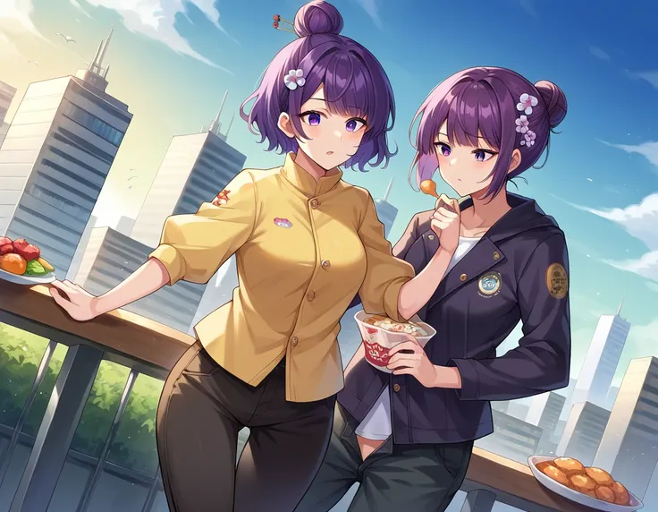 score_9, score_8_superior, score_7_superior, sauce_anime,
katsushikaHokusai, Hokusai, bangs, Purple eyes, Purple Hair, Mature Woman,
short hair, hair ornaments, flower, hair flower, Food, Hair Bun, single Hair Bun, Long sleeve, Jacket, pants, Food, Officia...