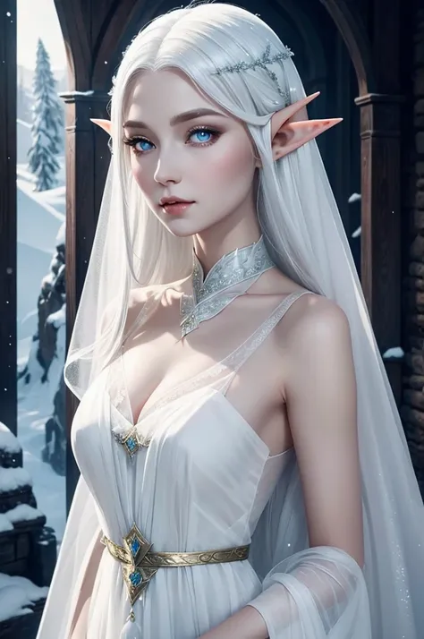 female elf with ice white eyes, wearing a high necked silk and organza dress entirely covering her body is a snow elf ambassador...