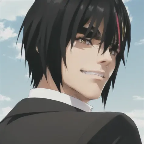 guy with black hair and yellow eyes in a black suit