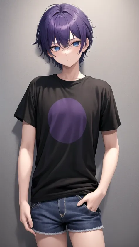 masterpiece, best quality, high quality, ,dark forsest, 1boy, solo, 14-year-old boy,male focus, looking at viewer , purple hair,black T-shirt ,blue jean shorts, blue eyes, dare sky