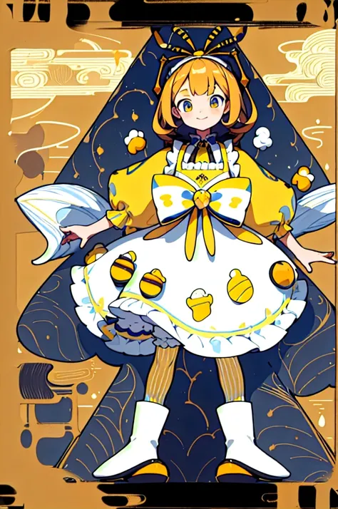 (Golden Ratio:1.2),[White background:1.4)::10],(masterpiece), (Highest quality), (Super detailed),制Clothing design、Clothing design、apron、sweets屋さんの服、Yellow Stripes、Frills、sweets、On the theme of brown and yellow、two kinds、For men、For women、Design drawing、me...