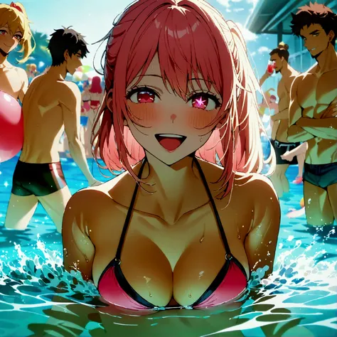 (Pool Party), swimsuit crowd boys, young people having fun at a pool, one girl among many men, hoshinoruby, star-shaped pupils, ruby_hoshino, idol, blonde hair, bangs, pink and red eyes, left side ponytail, close the right eye, looking at viewer, best qual...