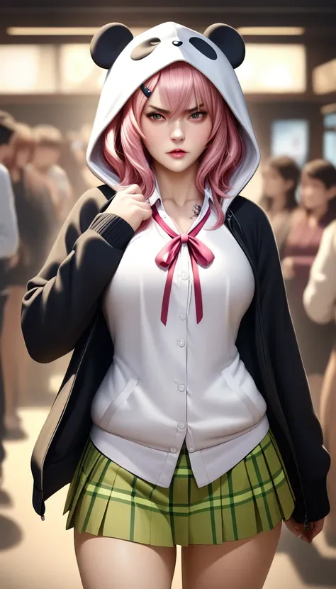 masterpiece, best quality, very aesthetic, absurdres, 1girl, mature_lady,animetoreal,realistic,photorealistic, ,1girl, sasaki saku (1st costume), nijisanji, virtual youtuber, hood, animal hood, panda hood, pink hair, jacket, hair ornament, skirt, hairclip,...