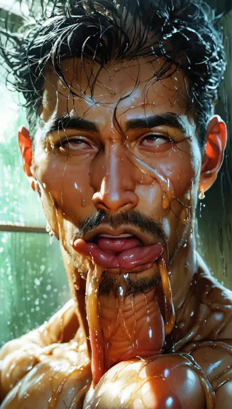 full angle, full body, super realistic, dramatic lighting, asian handsome mature daddy with huge nipples and high orgasmic expression and wide-open mouth, sucking young boys penis, sticky slimy semen all over his face and body, slimy sperms all over the ro...