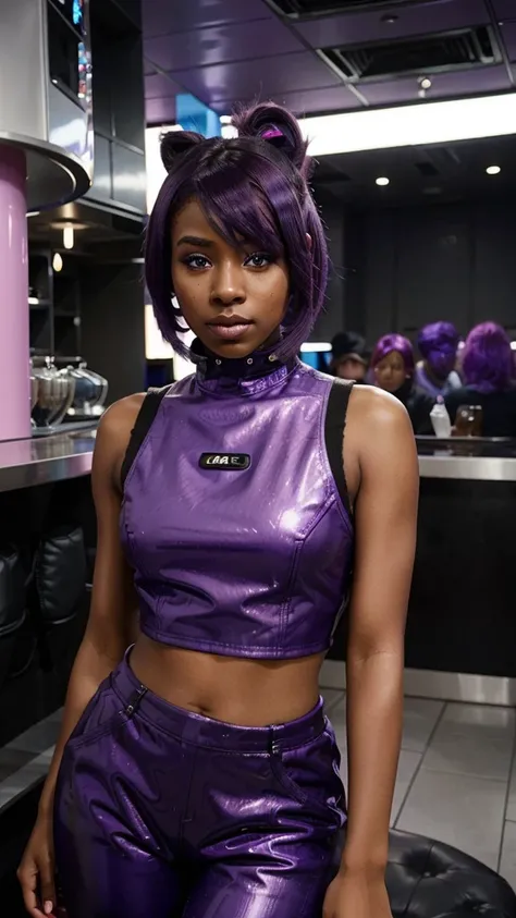 futuristic girl, Dark skin, purple eyes, space, purple hair, blue fur, pink hair, wide, Dark skin, futuristic cafe