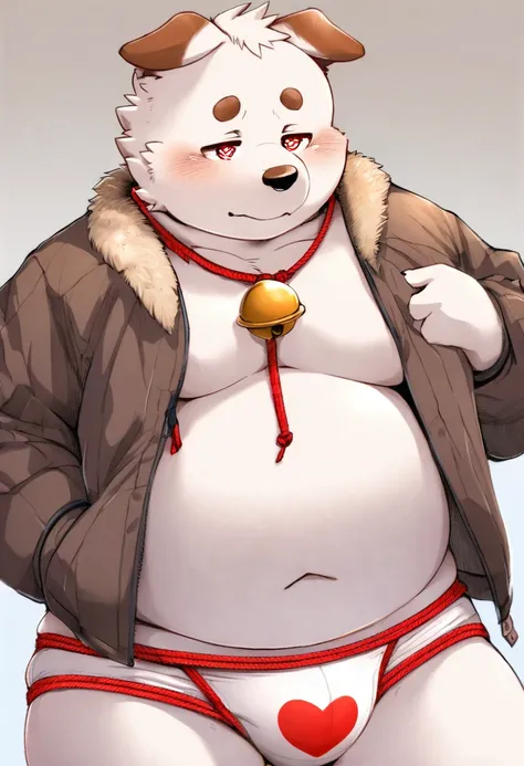 A man slightly chubby, shaped like a white dog brown ears  Boy with horny face heart-shaped eyes he Wear traditional Japanese underwear with a loose jacket, touching own self , Wear a necklace with a bell Pulled by tie and tied with red rope