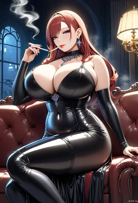 long redhead, milf, big tits, (long latex black dress, intricate), cleavage, long platform boots, inside mansion, sitting on leather couch, dark ambience, (smoking cigarette), red plump lips, exhaling smoke, sexy smile, slim waist, night, (smoke ambience),...