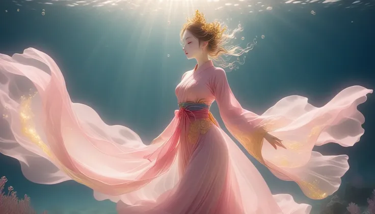 1 Girl, Solitary, Under the Deep Sea, walking underwater；Wearing pink Hanfu，Fairy the same，underwater dance；dancer；Golden water，金色的bubble； Deep Shadows, Extraordinary details, bubble, spark, Sun streaks, seabed, bright, whole body, swirl, Golden Light, Emb...