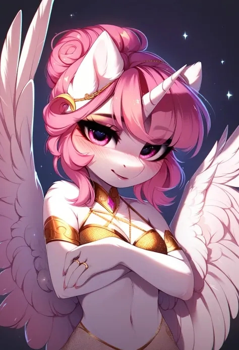 check_9, check_8_up, check_7_up, source_fluffy, rating_safe, from Magnaluna, Celestia poses seductively in a white bedroom, dark pink mane with gold stripes in it, hair bun with bangs, pink eyes, white body, anthro, blushing, wearing goldern lingerie 