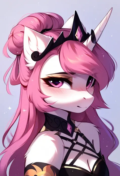 check_9, check_8_up, check_7_up, source_fluffy, rating_safe, from Magnaluna, Celestia poses seductively in a white bedroom, dark pink mane with gold stripes in it, hair bun with bangs, pink eyes, white body, anthro, blushing, wearing goldern lingerie 