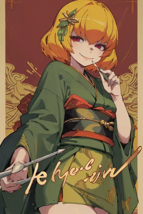 ((Highest quality)), ((masterpiece)), (be familiar with),Clementine,Overload,nsfw,kimono,Gorgeous green dress,Gold embroidery,hairpin,Captivating smile