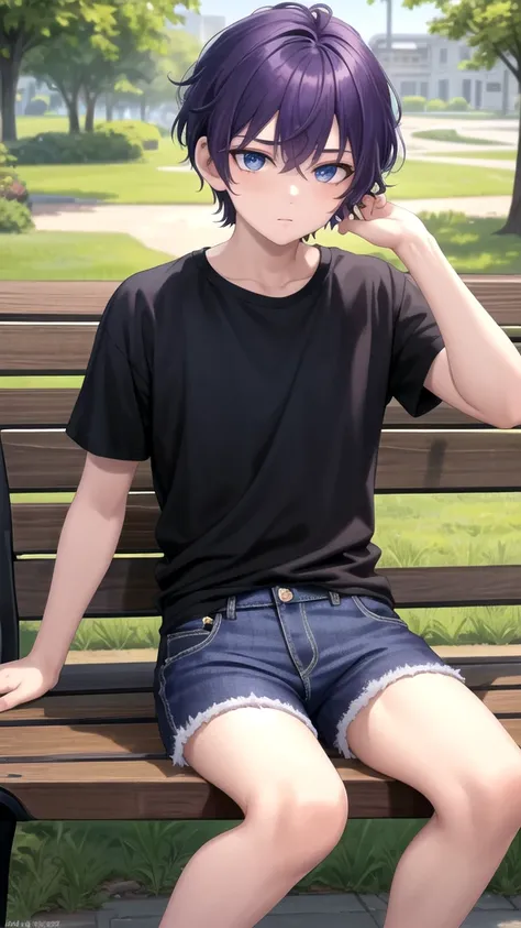 masterpiece, best quality, high quality, ,dark forsest, 1boy, solo, 14-year-old boy,male focus, looking at viewer , purple hair,black T-shirt ,blue jean shorts, blue eyes, sitting on a bench 