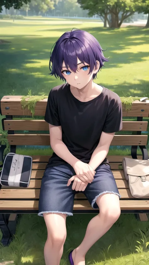 masterpiece, best quality, high quality, ,dark forsest, 1boy, solo, 14-year-old boy,male focus, looking at viewer , purple hair,black T-shirt ,blue jean shorts, blue eyes, sitting on a bench 