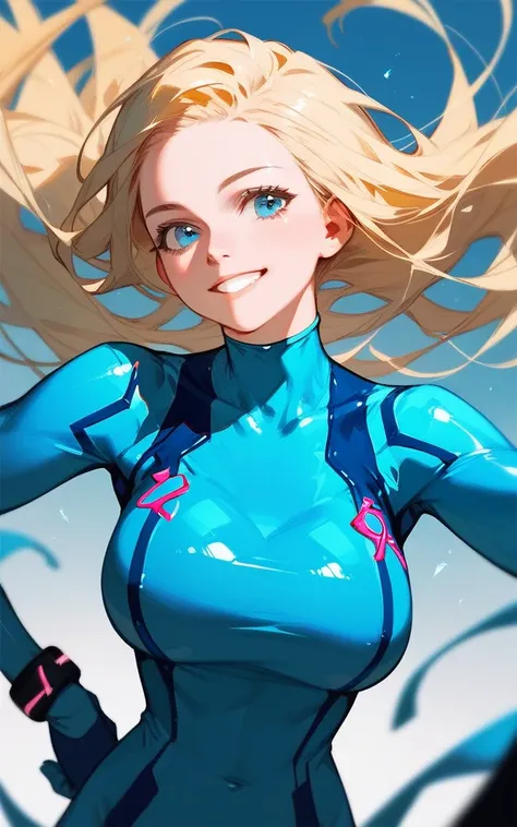 girl, smile, zero suit, blonde, blue eyes, Hyper Realistic