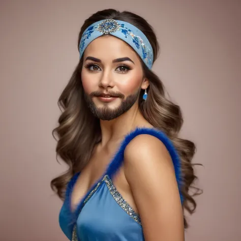 
precise portrait, bearded woman with well-trimmed hairy and shaggy beard, mid-length brown hair with a headband, cute and naughty brown eyes, blue dancers dress