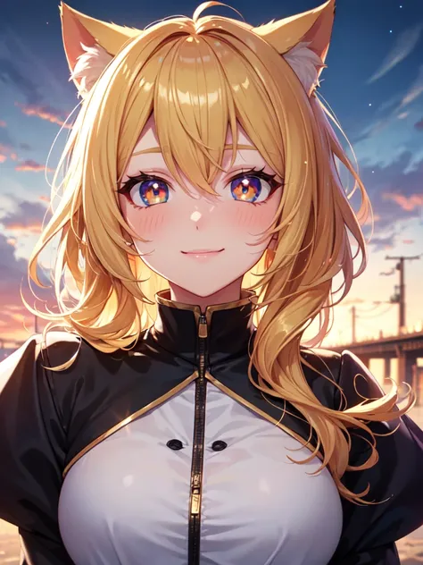 hair over shoulder, wavy hair, hair strand, shiny hair, blonde hair, eye reflection, glowing eyes, slit pupils, amber eyes, cat ears, smile, blush, glint, happy, anime, anime style, En plein air, high detail, cinematic lighting, ray tracing, reflection lig...