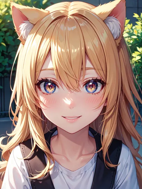 hair over shoulder, wavy hair, hair strand, shiny hair, blonde hair, eye reflection, glowing eyes, slit pupils, amber eyes, cat ears, smile, blush, glint, happy, anime, anime style, En plein air, high detail, cinematic lighting, ray tracing, reflection lig...