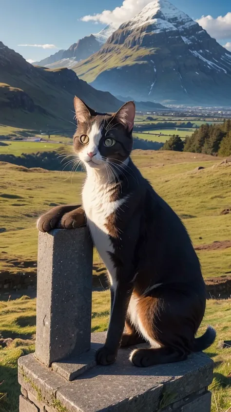 a cute cat. in the position of the thinker. In the background a mountain with a beautiful Scottish landscape.