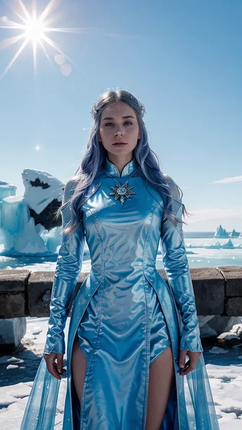 `an ice queen in a kingdom with the sun in the background, High Definition, Rich in details`  