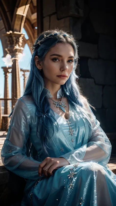 `an ice queen in a kingdom with the sun in the background, High Definition, Rich in details`  