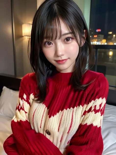 1 Japanese girl,(Colorful red sweater:1.4), (RAW Photos, Highest quality), (Realistic, Realistic:1.4), Tabletop, Very delicate and beautiful, Very detailed, 8k wallpaper, wonderful, In detail, Very detailedなCG Unity, High resolution, Soft Light, 美しくIn deta...