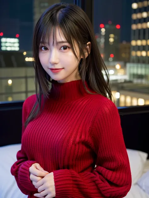 1 Japanese girl,(Colorful red sweater:1.4), (RAW Photos, Highest quality), (Realistic, Realistic:1.4), Tabletop, Very delicate and beautiful, Very detailed, 8k wallpaper, wonderful, In detail, Very detailedなCG Unity, High resolution, Soft Light, 美しくIn deta...