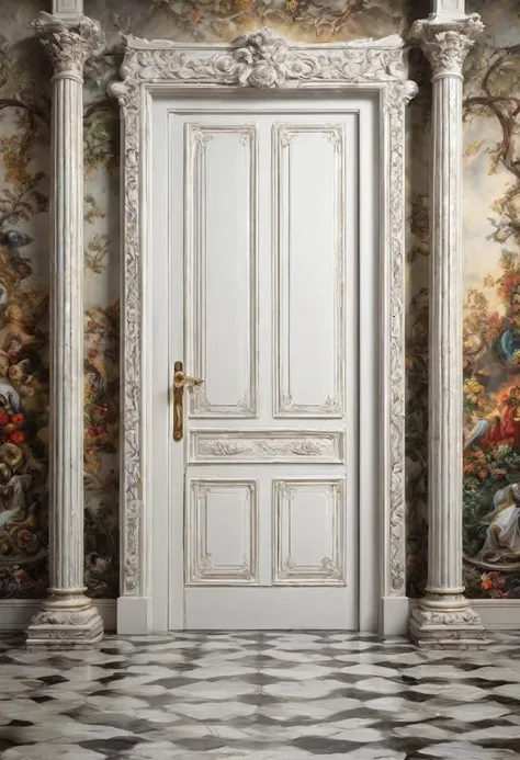 (Frontal image of a undetailed white door, white door, undetailed door, no details in the center) (Frame around the door, paintings in the wall around, details around, detailed wall, detailed environment, fine detail, optial illusion, complex, 3D painting,...