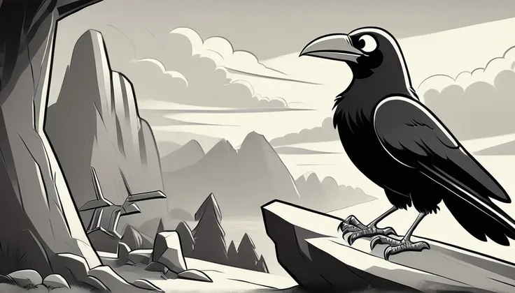 black and white vintage cartoon of a huge crow   on a rock