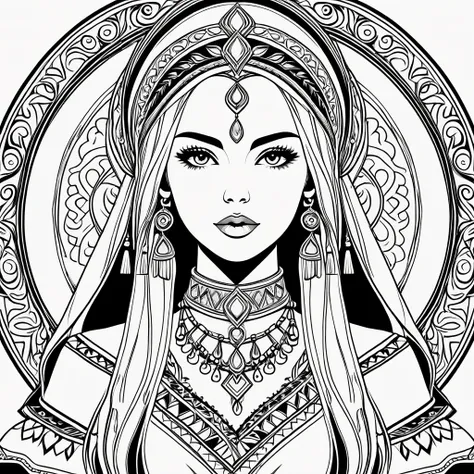 fantasy woman in folk outfit, vector graphics, strong contours
