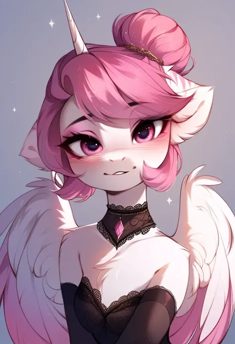 check_9, check_8_up, check_7_up, source_fluffy, rating_safe, from Magnaluna, Celestia poses seductively in a white bedroom, dark pink mane with gold stripes in it, hair bun with bangs, pink eyes, white body, anthro, blushing, wearing goldern lingerie 