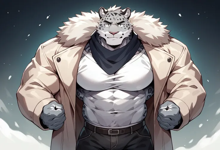 snow leopard, 1boys, male, solo, gray fur, muscle, big tits, pecs, cool face, t-shirt, fur coat jacket, pants, scarf, standing